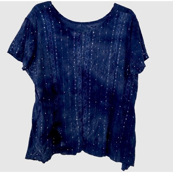 SHANNON FORD NEW YORK 3X Blue Stretch AB Sequin Short Sleeve Knit Top Tie Dyed - Picture 1 of 5